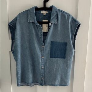 NWT Women's Cloth and Stone Reworked Denim Short Sleeve Shirt, XL